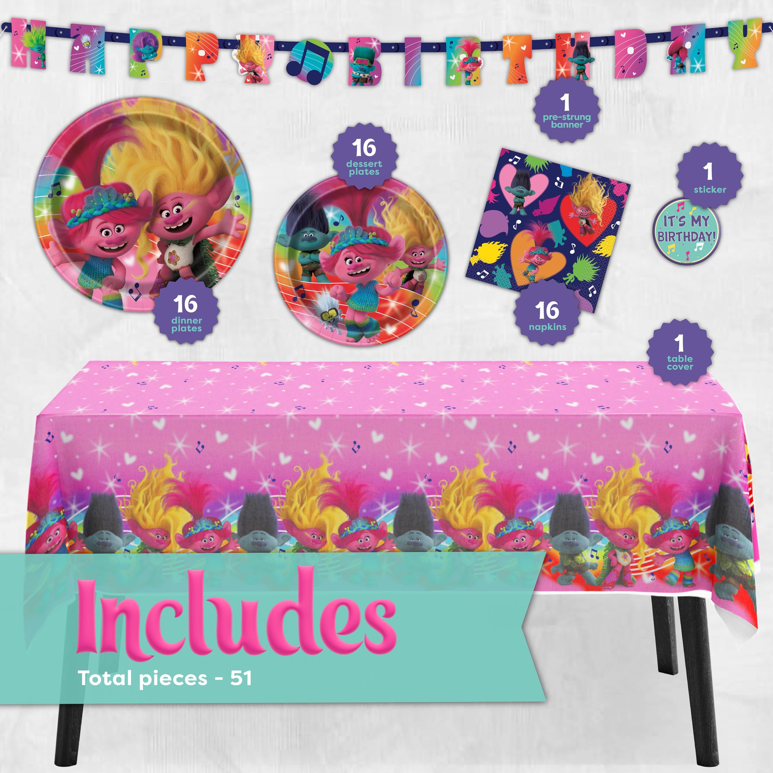 Troll Birthday Party Decorations | Serves 16 Guests | Banner, Tablecloth, Dinner & Cake Plates, Napkins, Sticker